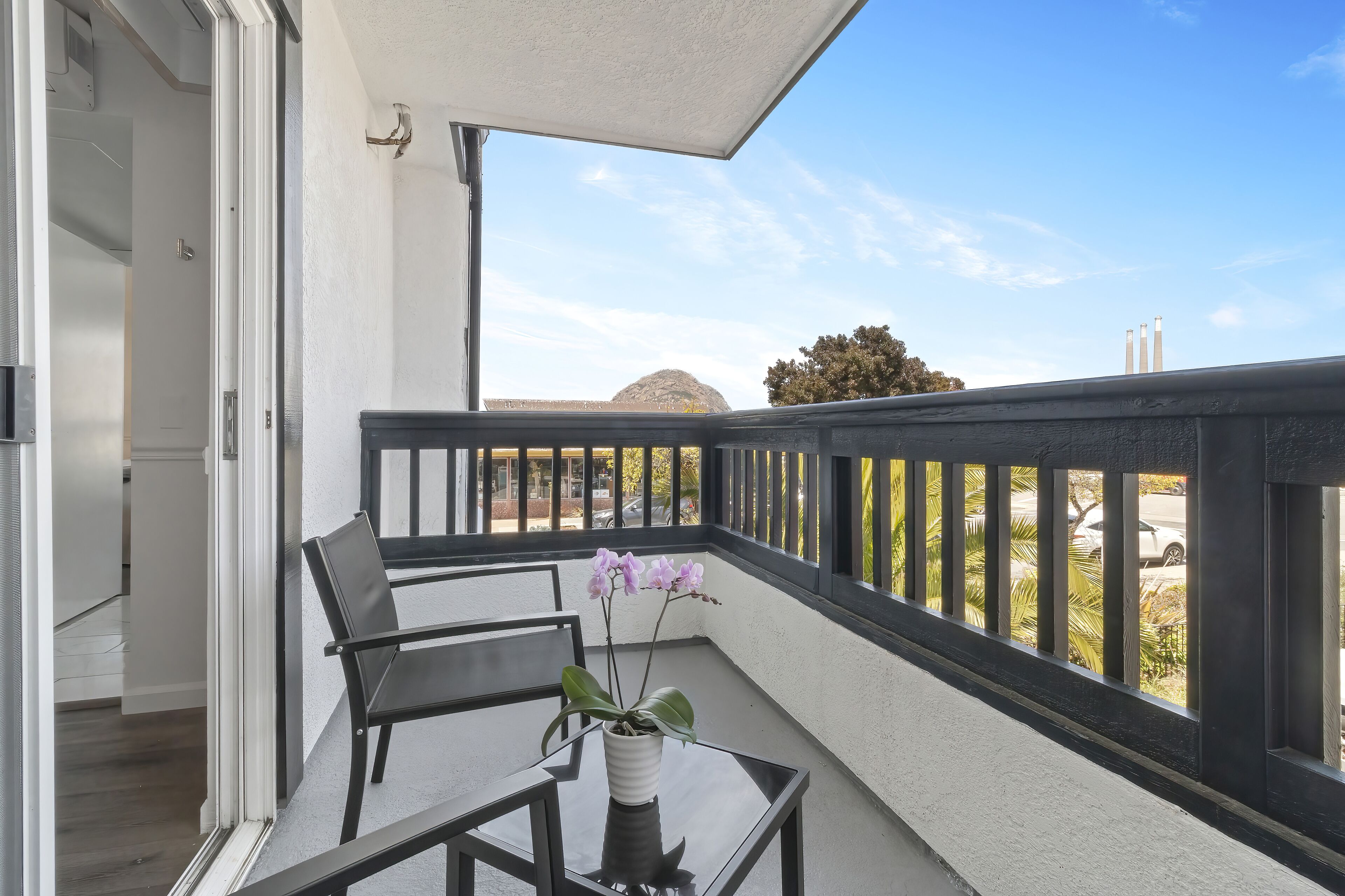 Ein Balkon mit Tisch, Stühlen, einer Topfpflanze und Blick auf ein entferntes Gebäude und Bäume.