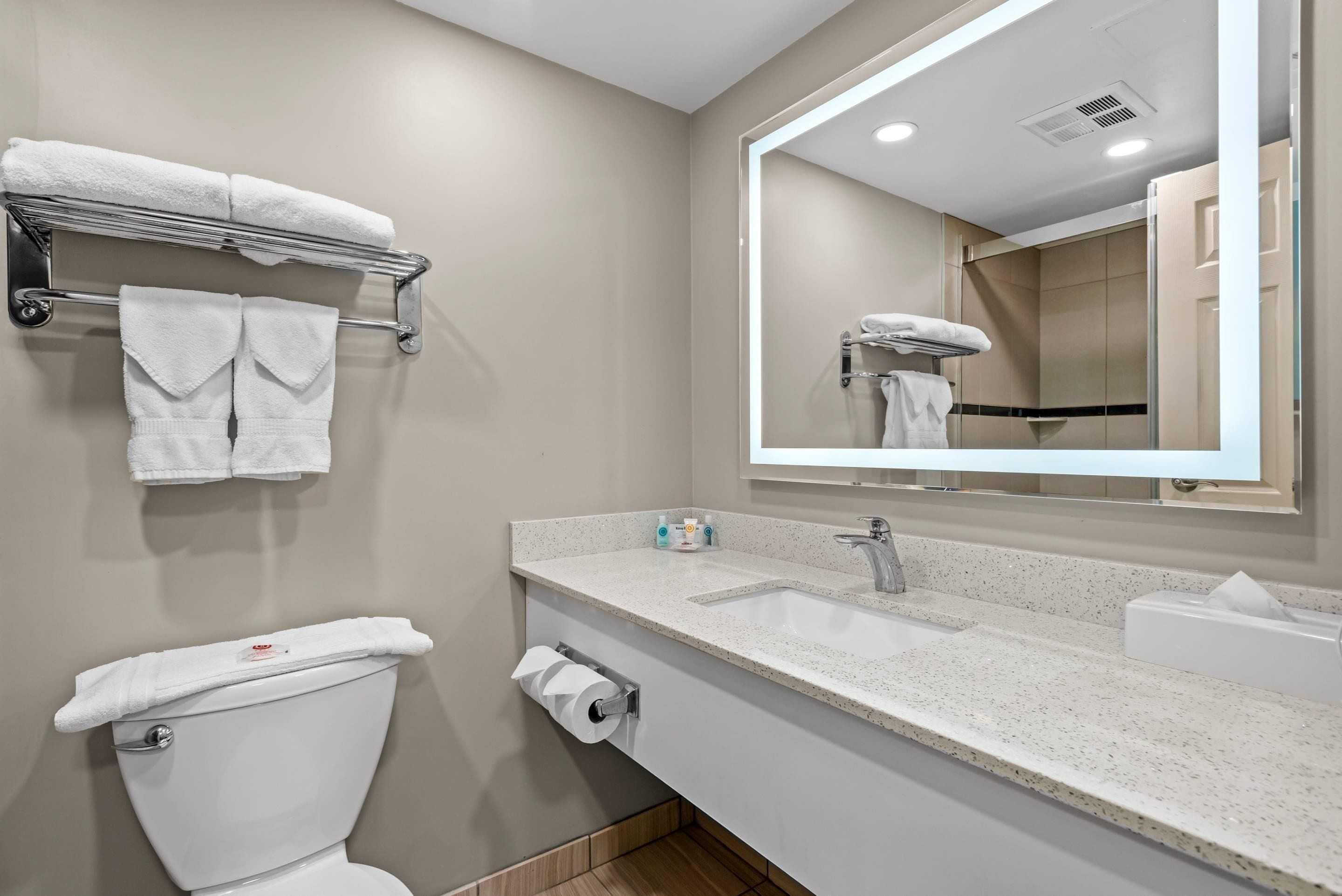 Une salle de bain moderne équipée de toilettes, d’un lavabo et d’un porte-serviettes.