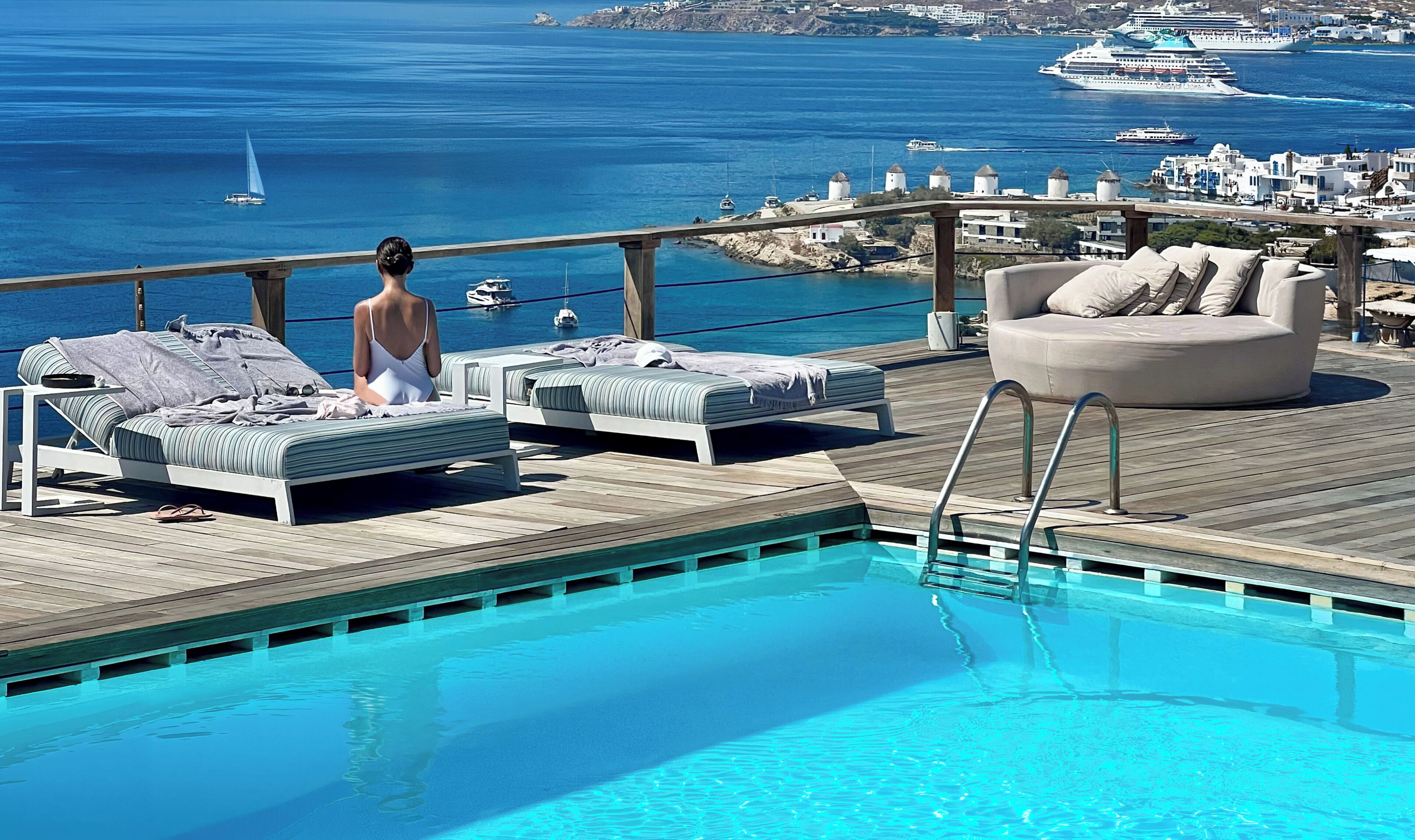 Outdoor pool, pool umbrellas, pool loungers