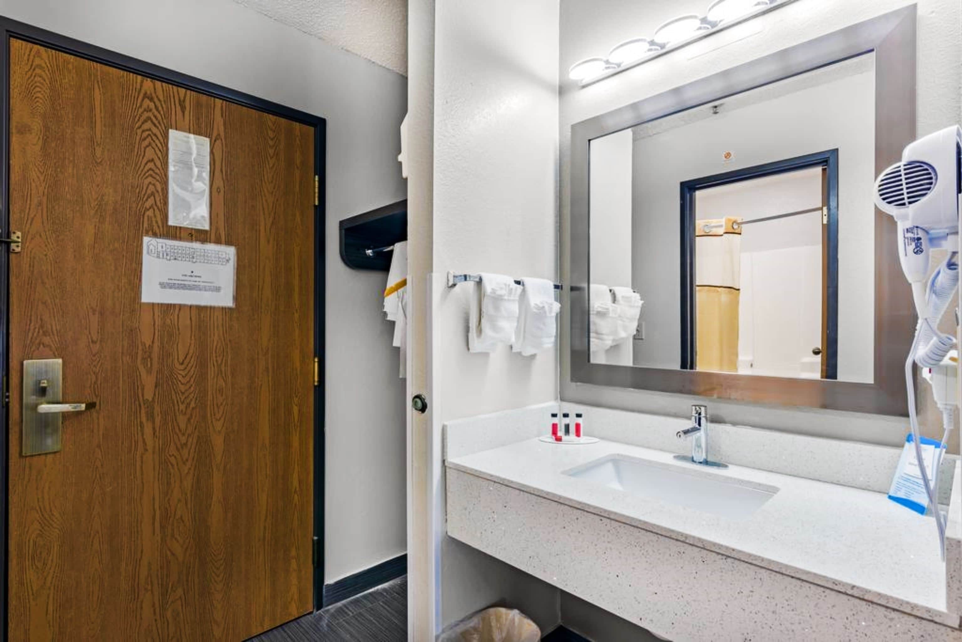 A hotel bathroom with a wooden door, a white sink, a large mirror, and a hairdryer.