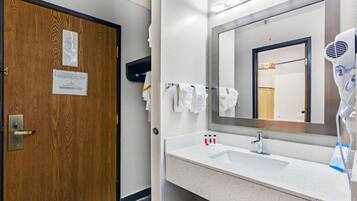 A hotel bathroom with a wooden door, a white sink, a large mirror, and a hairdryer.