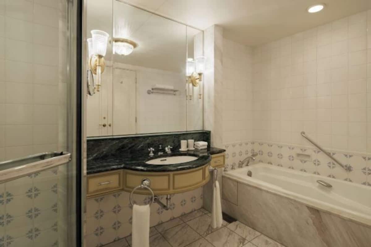 Combined shower/bathtub, free toiletries, hair dryer, slippers