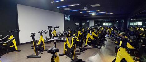 A gym with multiple stationary bikes arranged in rows.