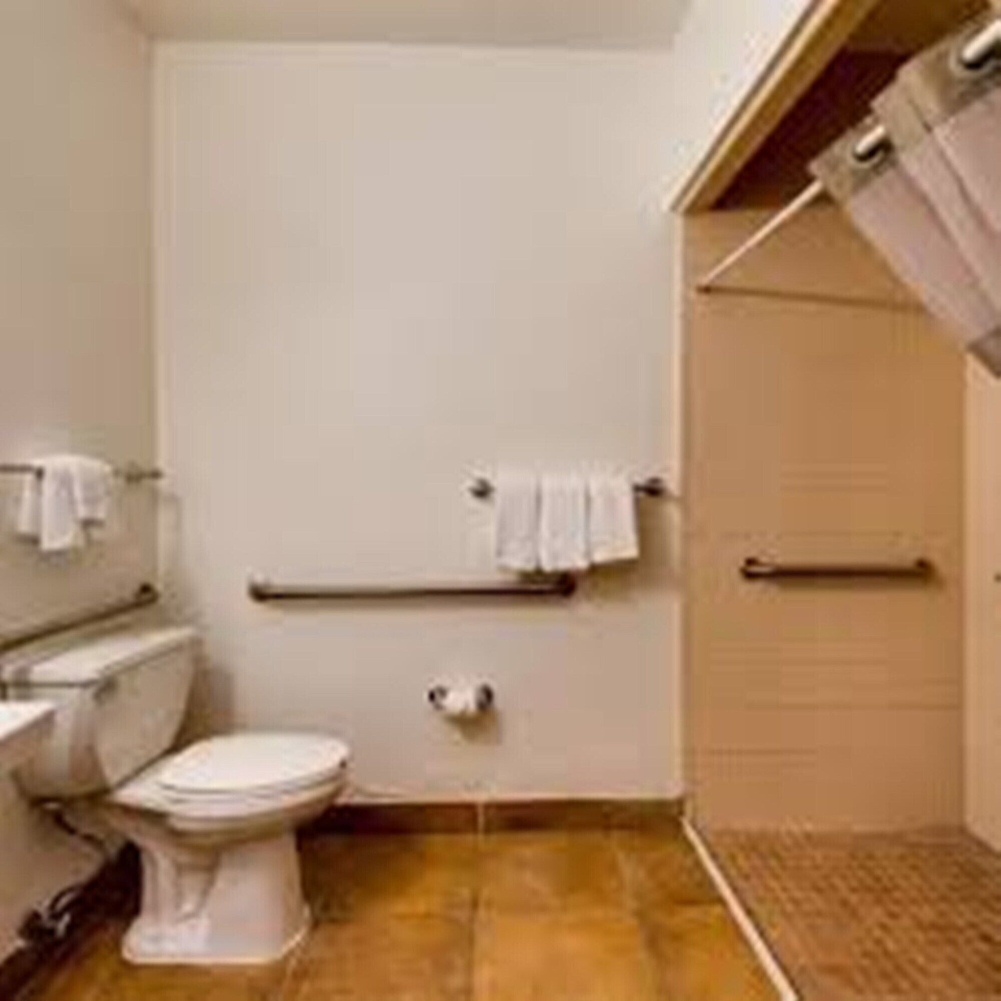 A small bathroom with a toilet, a sink, and a shower area.