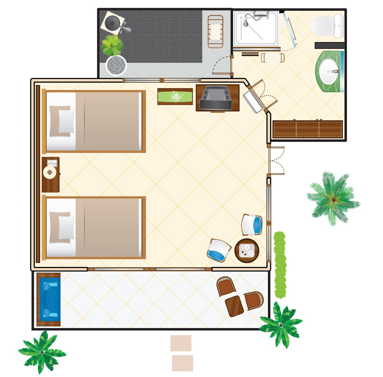 A hotel room layout with two beds, a bathroom, a kitchenette, and a small balcony.
