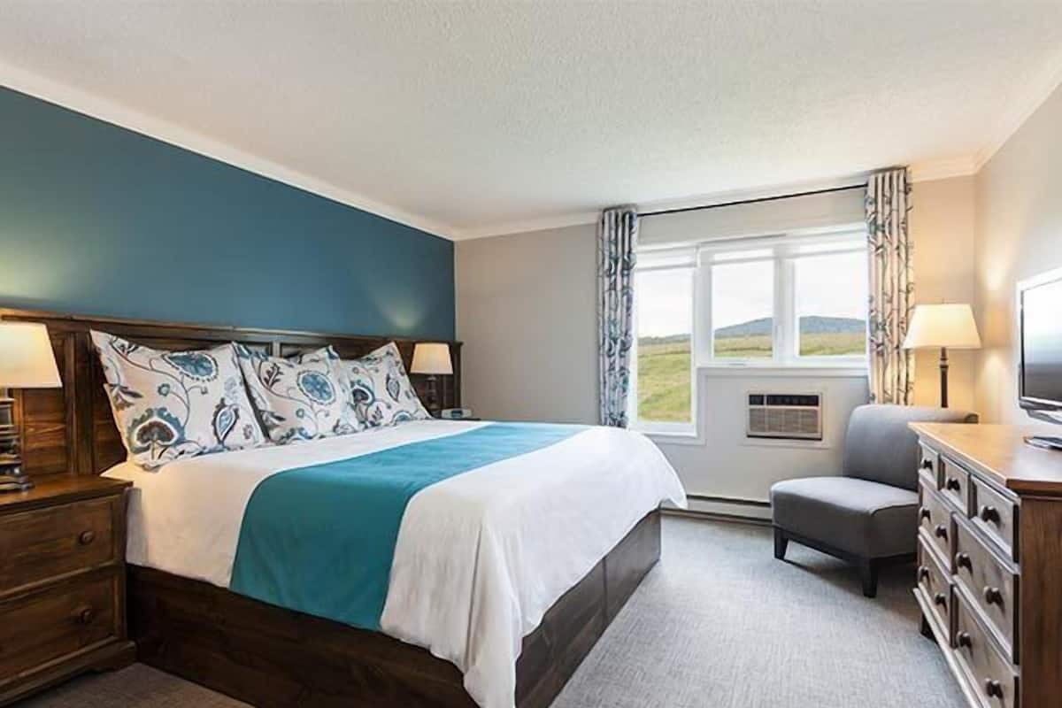 A bedroom with a large bed, a desk with a chair, a window with a view, and a dresser.