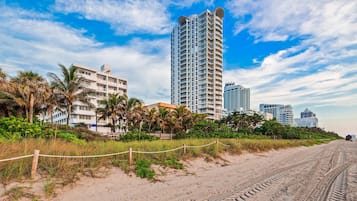A beachfront with a sandy path, palm trees, and high-rise buildings in the background.