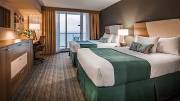 Premium bedding, pillowtop beds, desk, laptop workspace