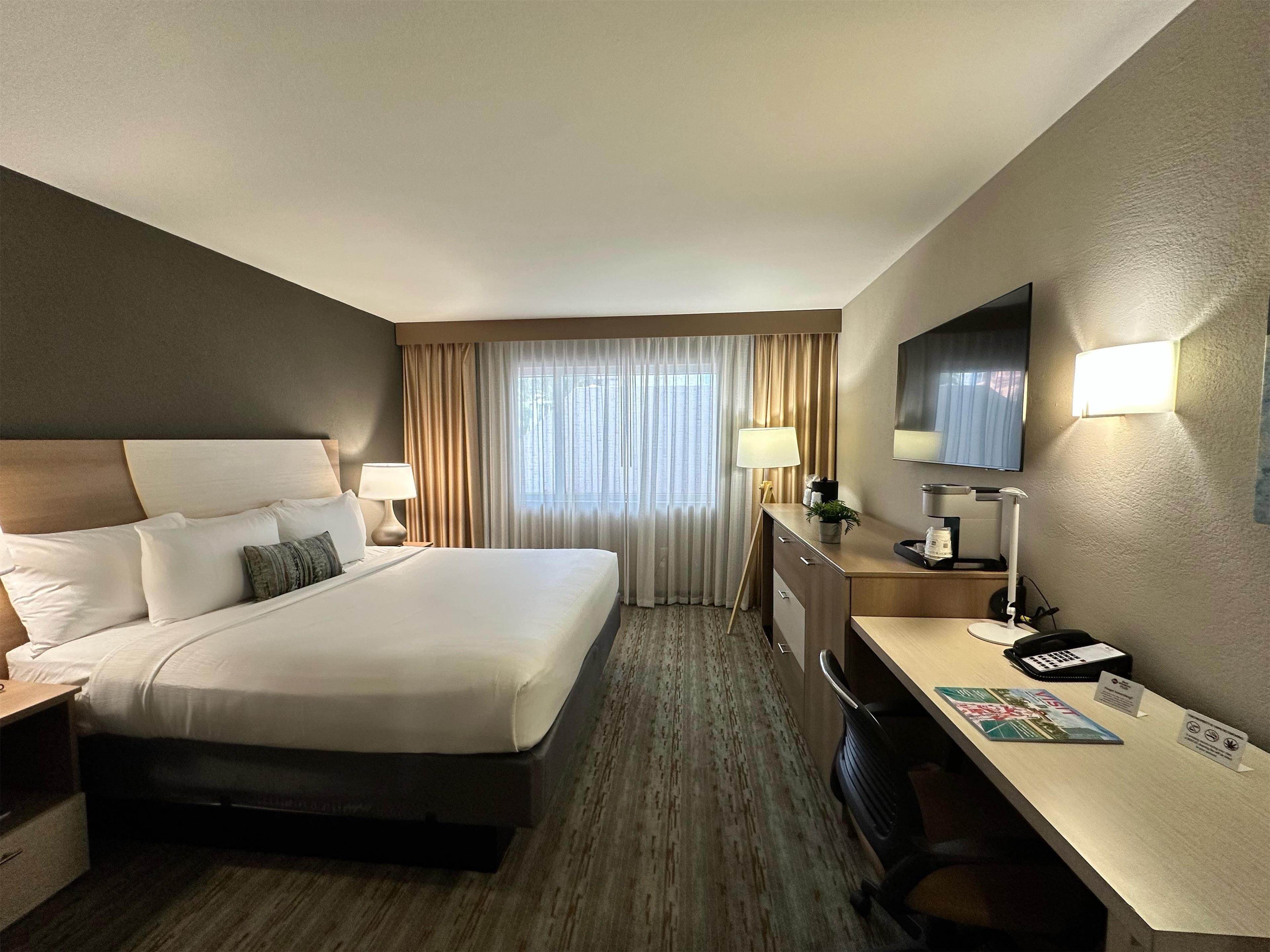 A hotel room with a large bed, a desk with a computer, a TV, and a window with curtains.