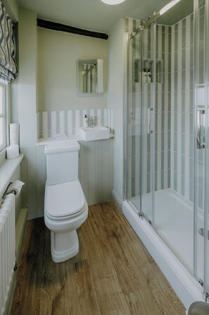 A bathroom with a toilet, sink, and glass shower enclosure.