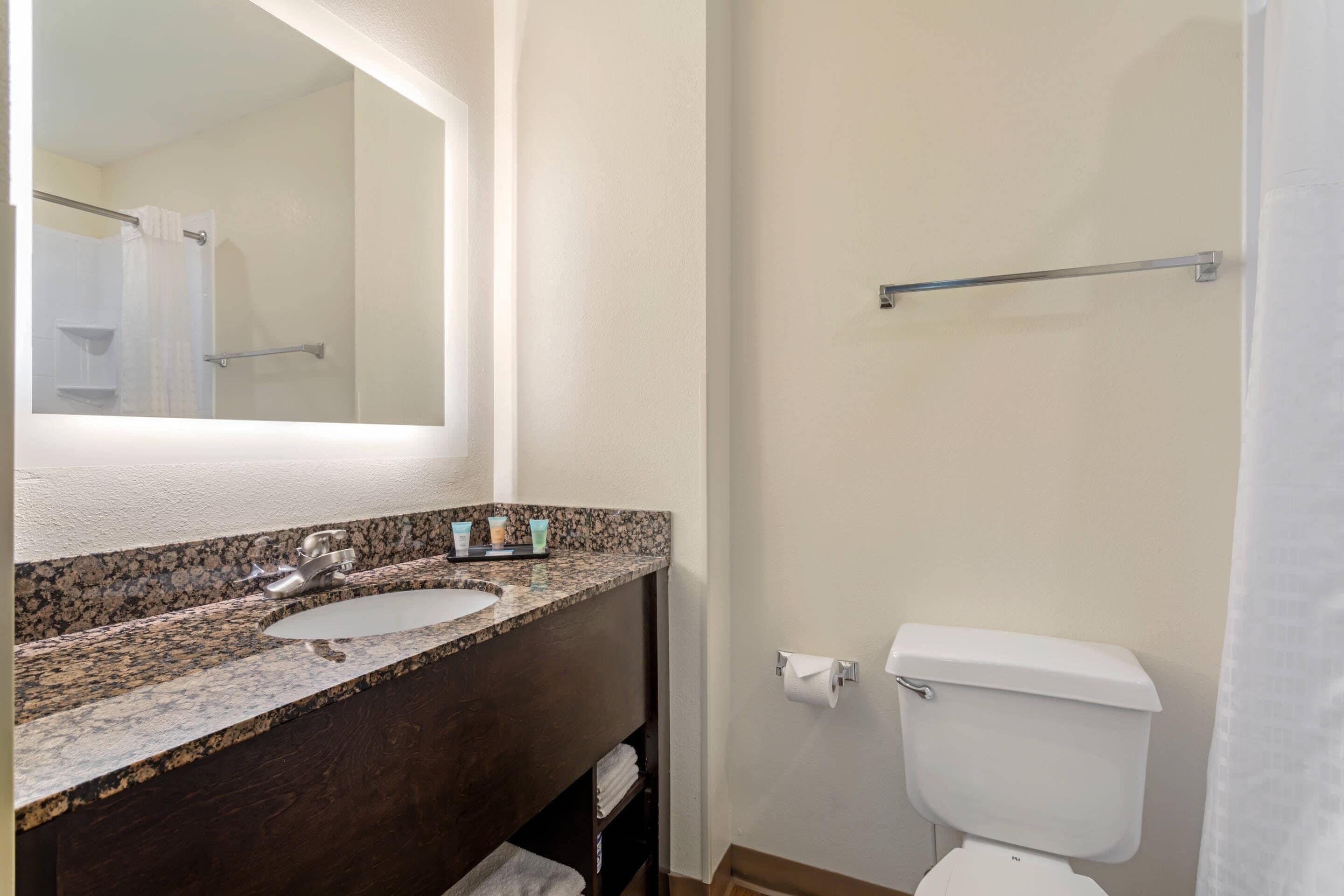 A bathroom with a granite countertop sink, a mirror, a towel rack, and a toilet.
