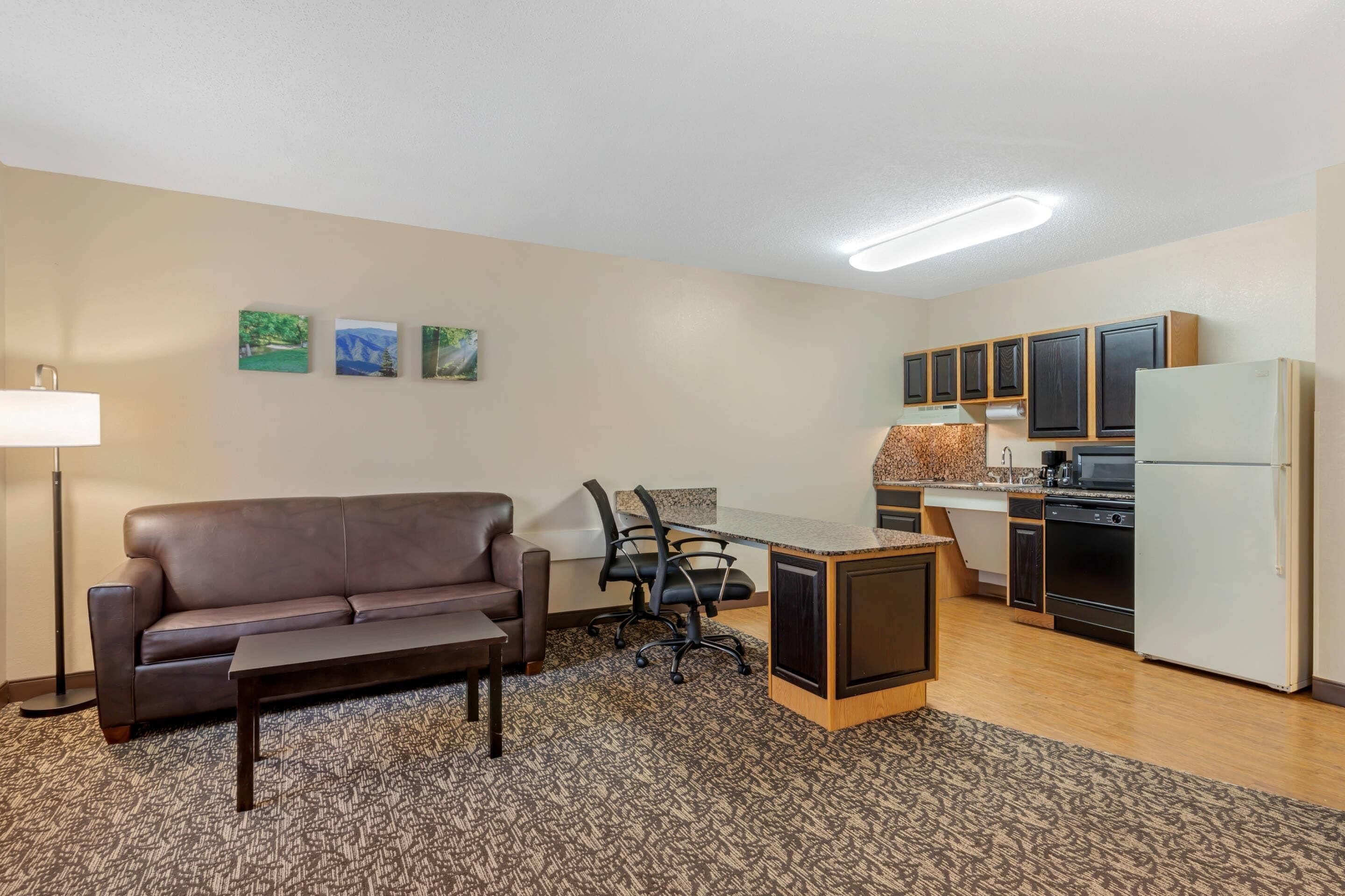 A compact living space with a sofa, a dining table, a kitchen area with cabinets and appliances, and a patterned rug.