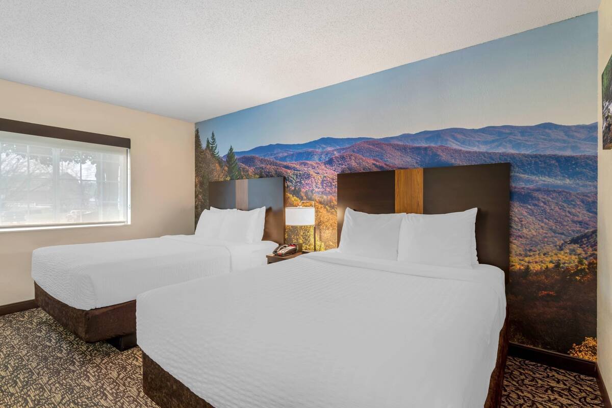 A hotel room with two beds, a large window, a mountain view mural, and a patterned carpet.