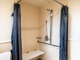 A shower area with a handheld showerhead, a wall-mounted faucet, and a towel rack.