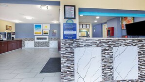 A reception area with a check-in counter, a wall-mounted sign, and a tiled floor. - Days Inn by Wyndham Holladay (Holladay)