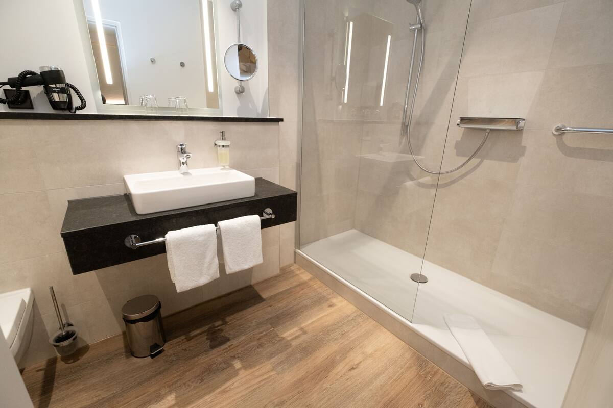 premium double room | bathroom | shower, free toiletries, hair dryer, towels
