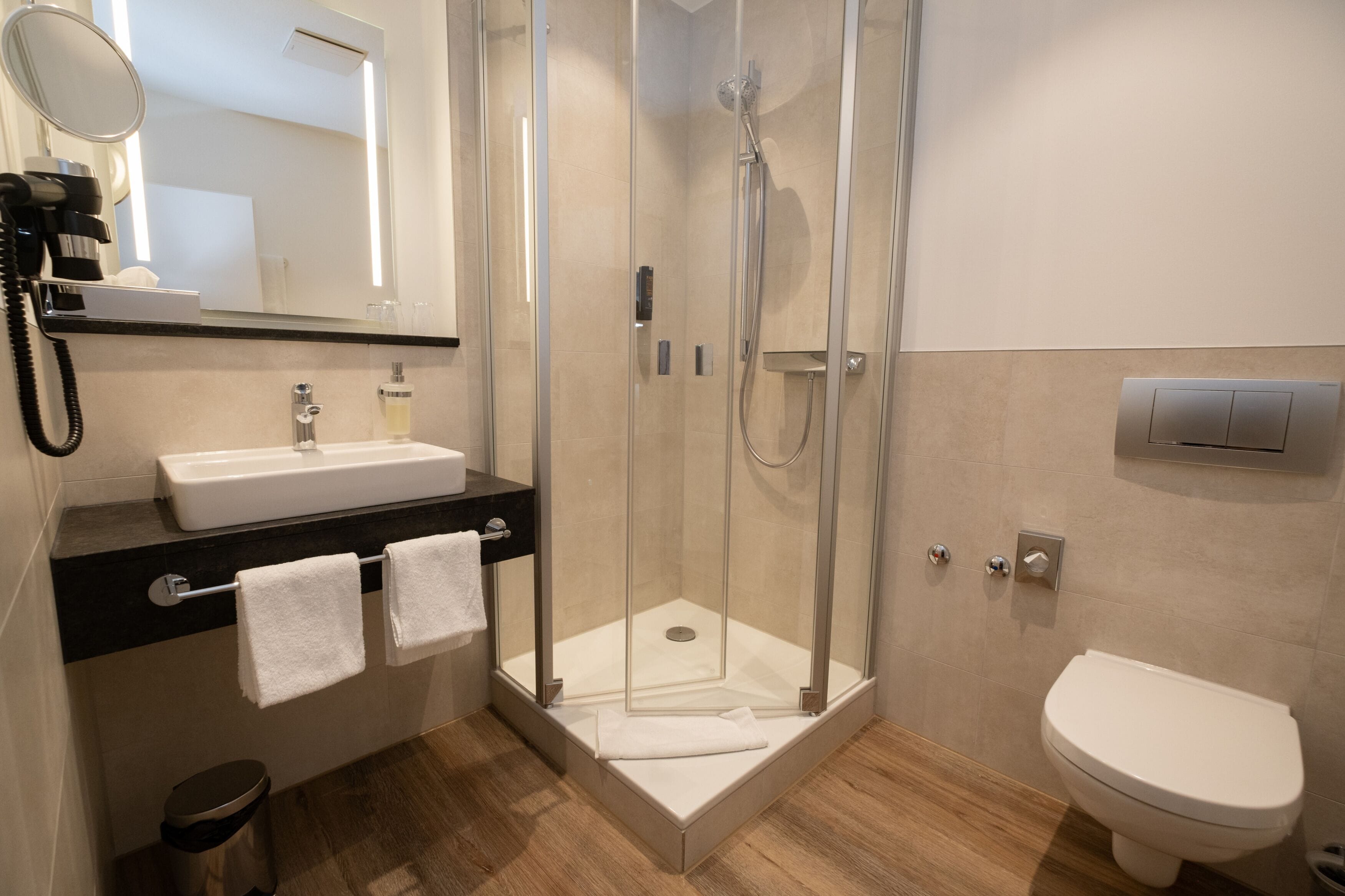 A modern bathroom with a glass-enclosed shower, a white sink, and a toilet.