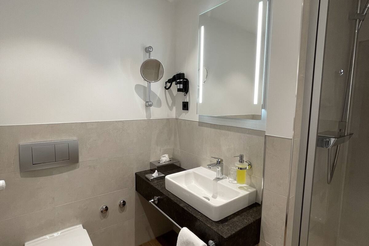 comfort double room single use | bathroom | shower, free toiletries, hair dryer, towels