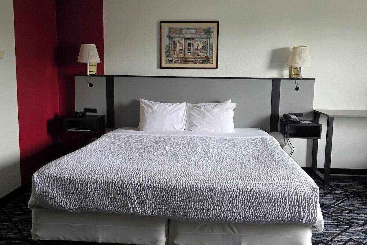 Habitación de hotel con cama, escritorio, silla, lámpara y un cuadro en la pared.