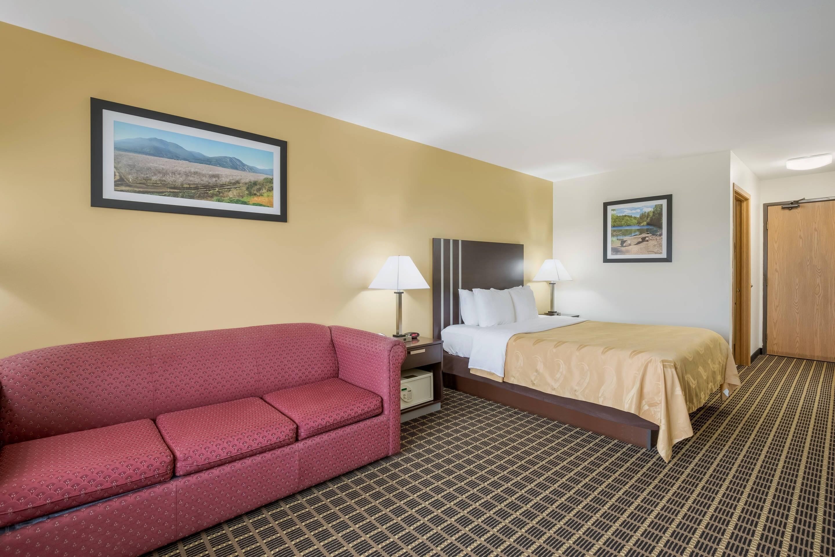 Quarto de hotel com sofá, cama, mesa de cabeceira, duas luminárias e dois quadros nas paredes.