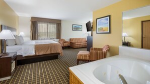 Habitación de hotel con una cama, dos sillones, un sofá, un espejo grande, un televisor y una bañera.