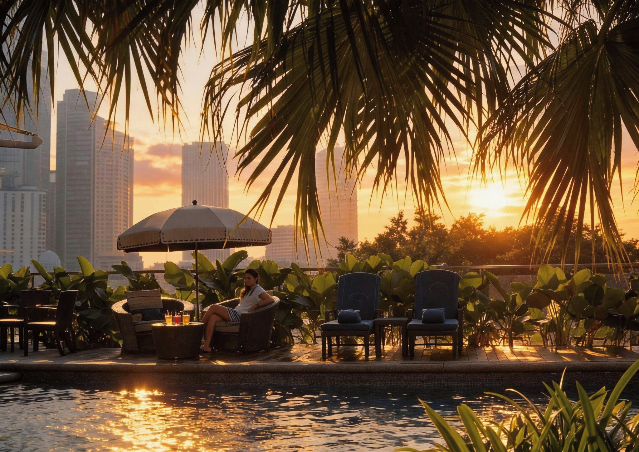 A serene outdoor seating area with chairs and tables, overlooking a body of water with a city skyline in the background.