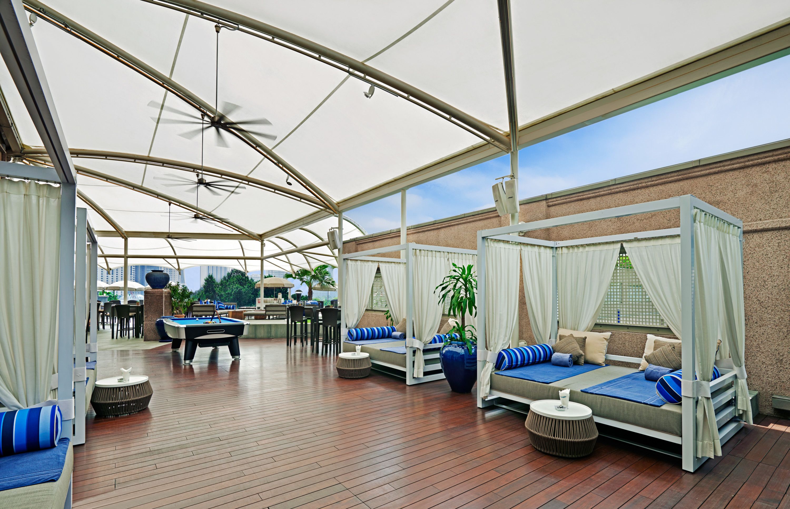 Outdoor pool, pool umbrellas, pool loungers