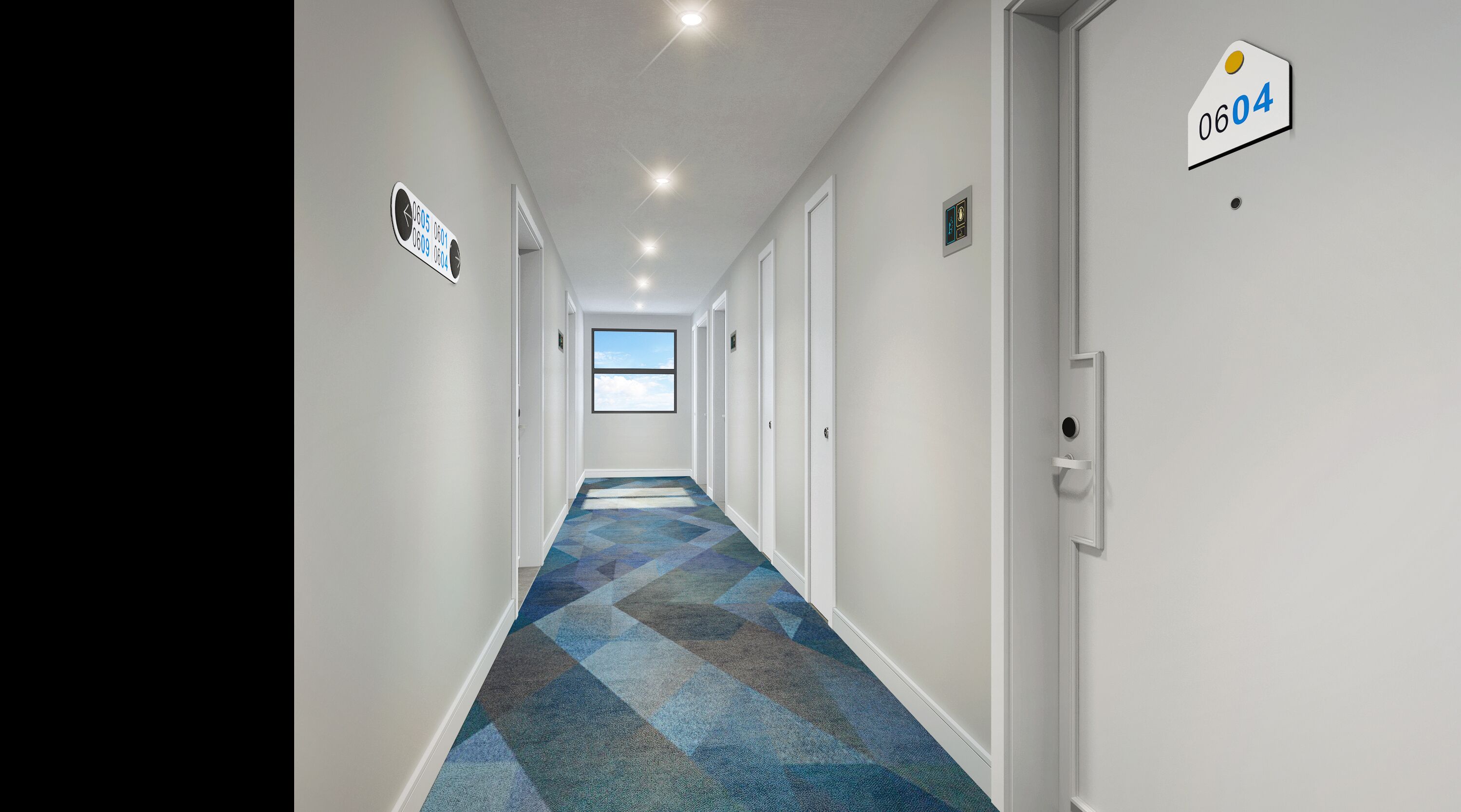 A hotel hallway with a blue carpet, white walls, and doors numbered 0604, 0605, and 0606.