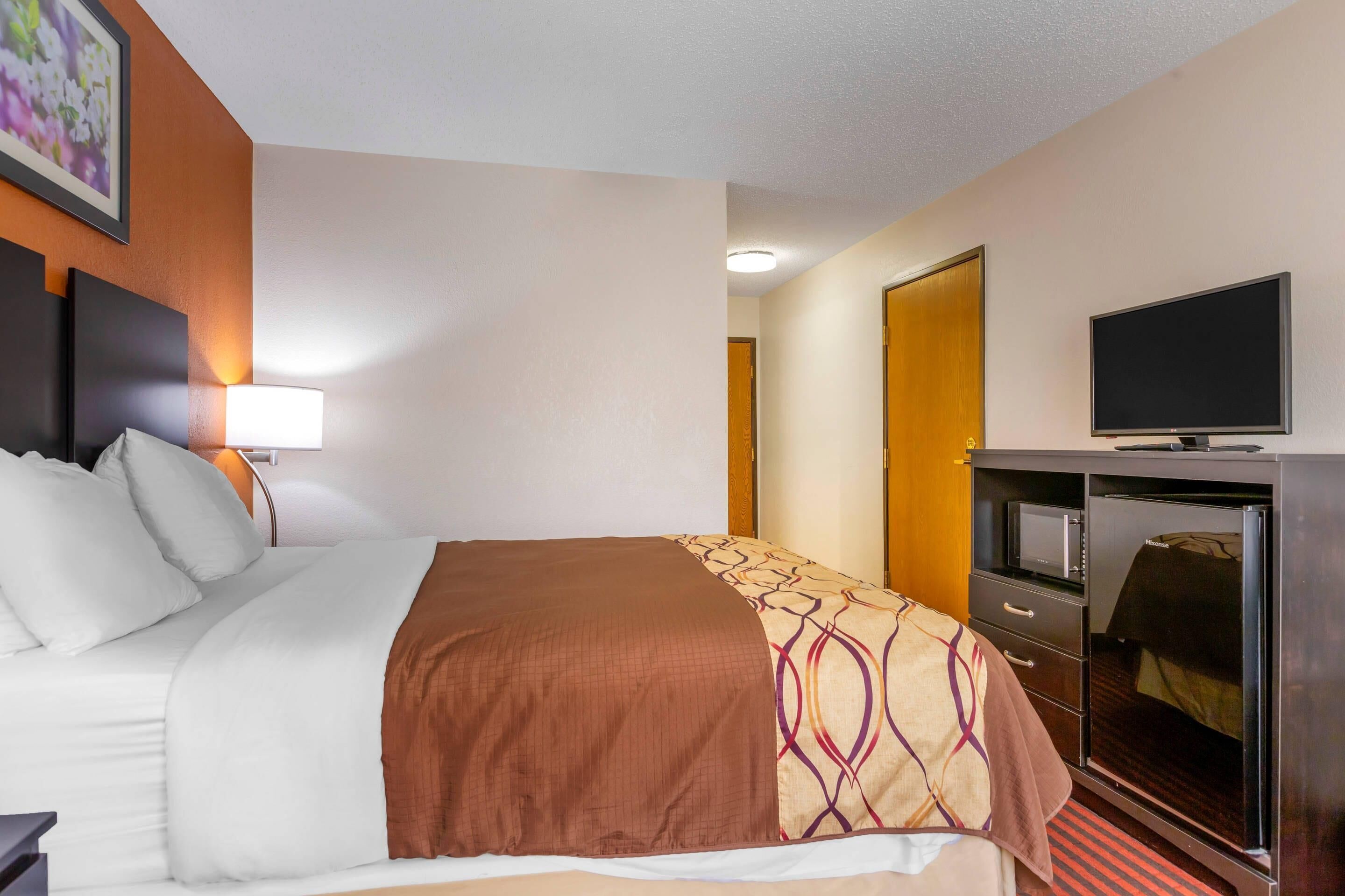 A hotel room with a bed, a television, a microwave, and a dresser.