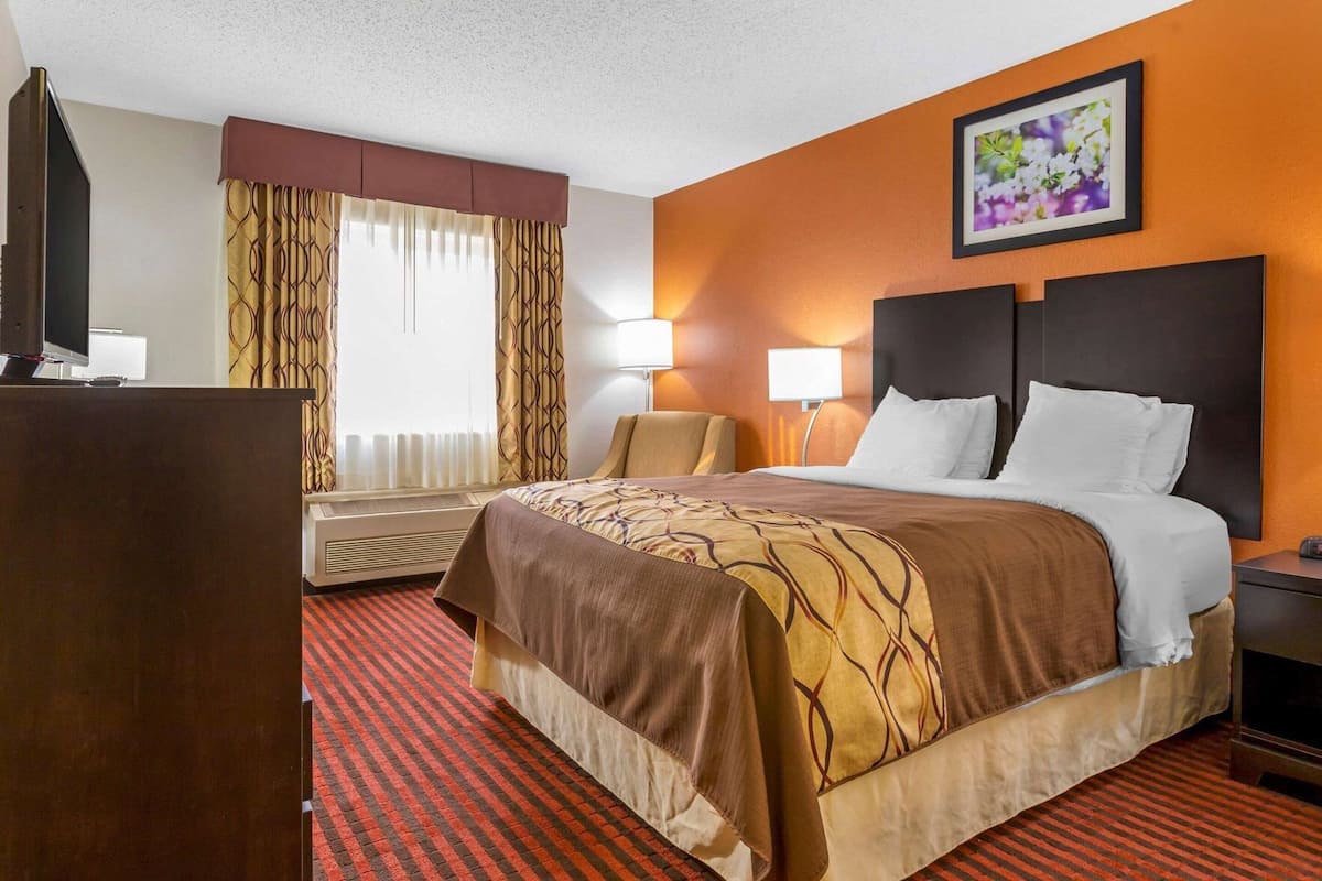 A hotel room with a bed, a desk, a chair, a lamp, and a picture on the wall.