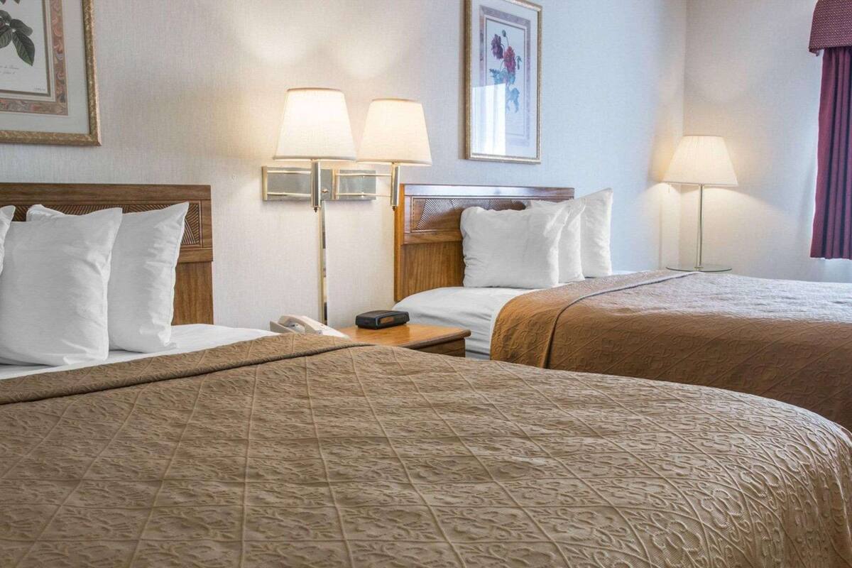 A hotel room with two beds, a nightstand, a lamp, and a framed picture on the wall.