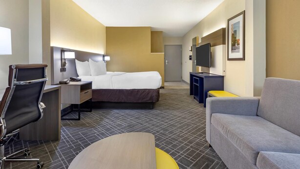 Habitación de hotel con cama, escritorio, sillón, sofá, televisión y un cuadro enmarcado en la pared.