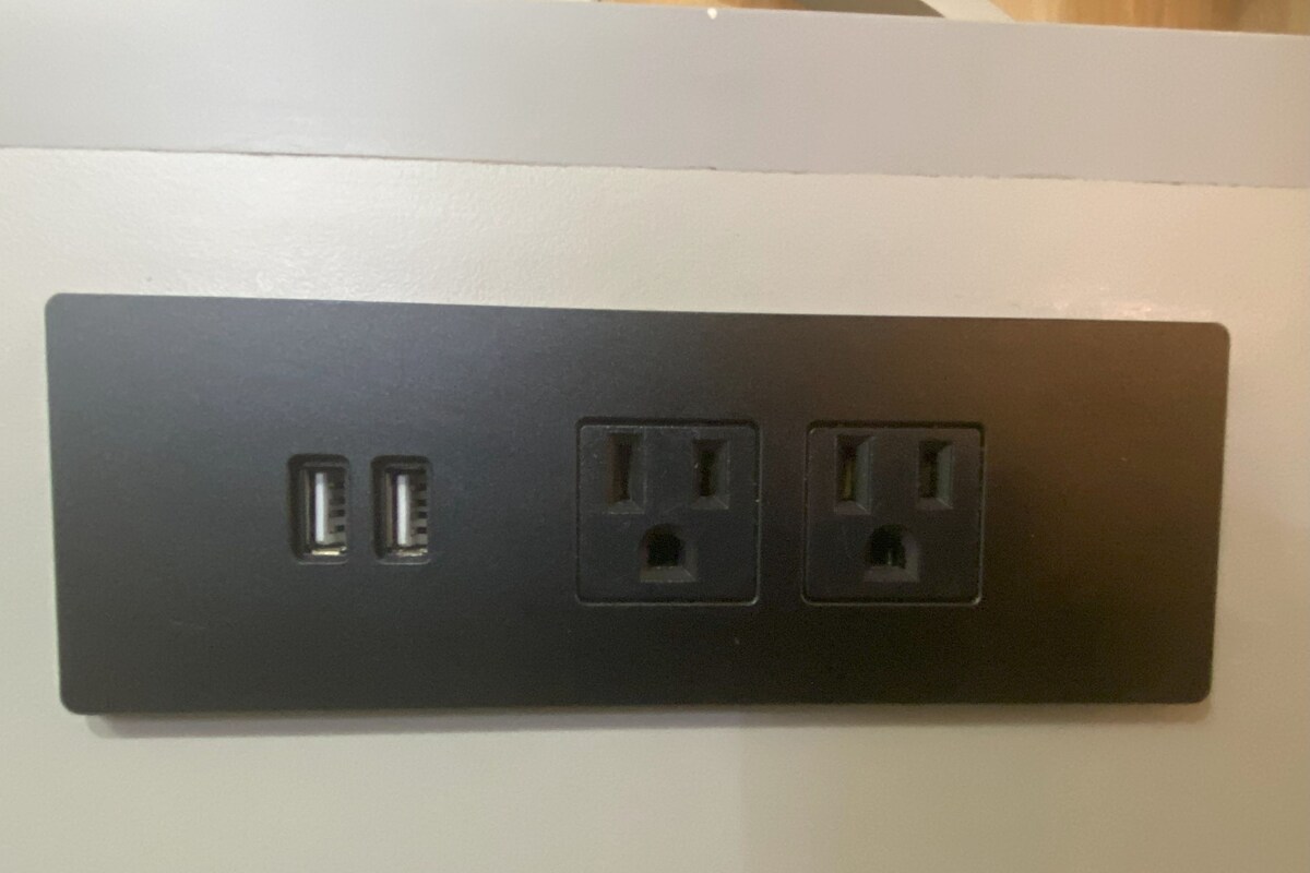 A black electrical outlet with two USB ports and two standard electrical outlets.