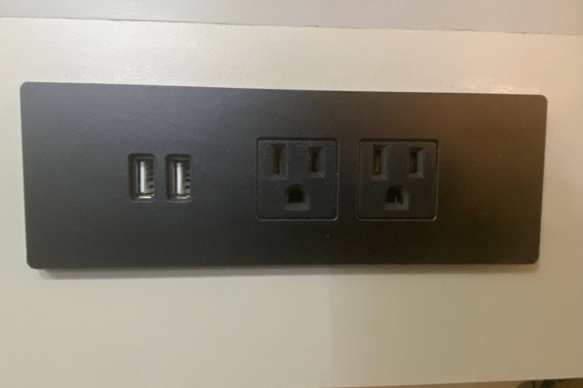 A black electrical outlet with two USB ports and two standard electrical outlets.