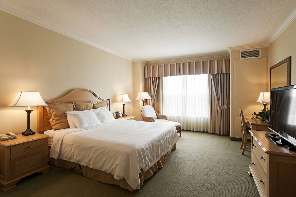 A hotel room with a large bed, two bedside tables with lamps, a TV, a dresser, and a window with curtains.