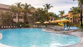 2 outdoor pools, open 9 AM to 10 PM, free cabanas, pool umbrellas