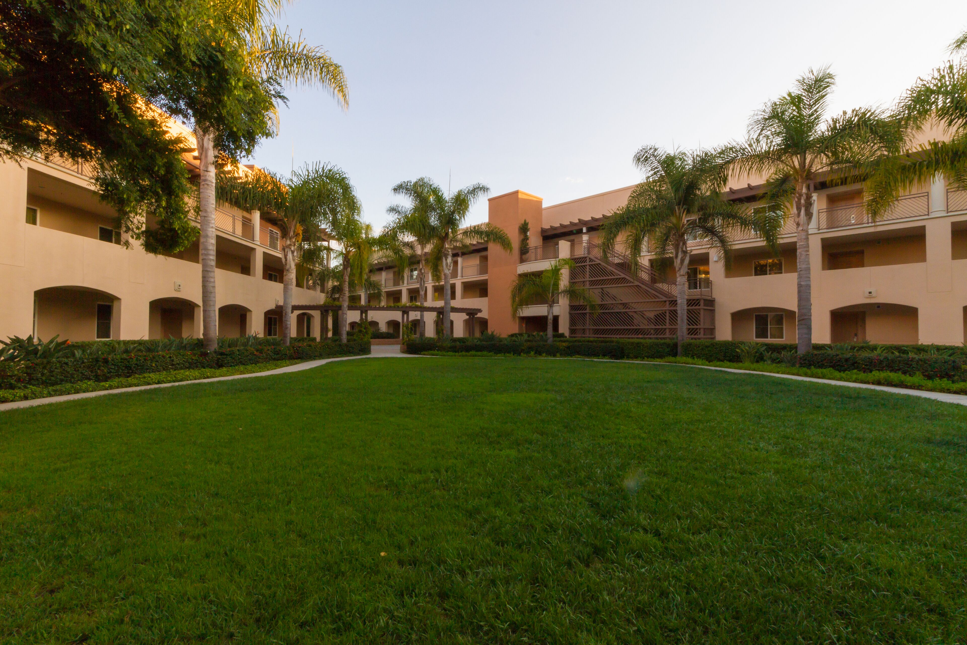 A courtyard with a central lawn, surrounded by multi-story buildings with balconies and palm trees.