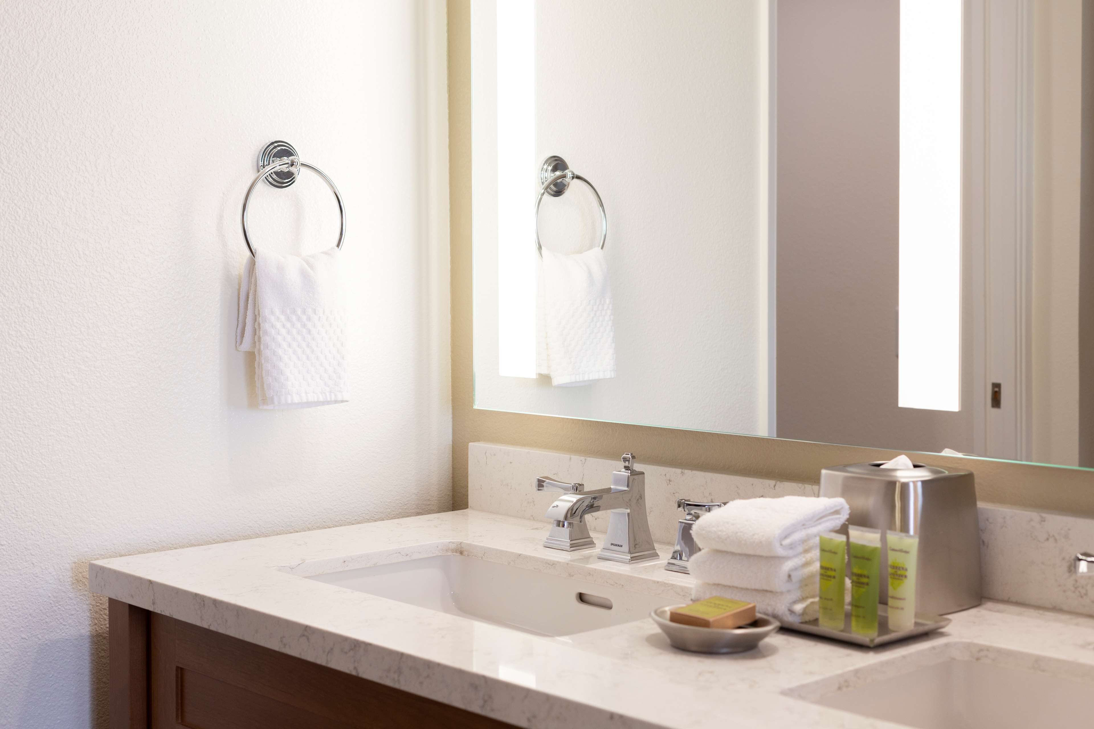 A modern bathroom with a large mirror, two sinks, and a towel rack.