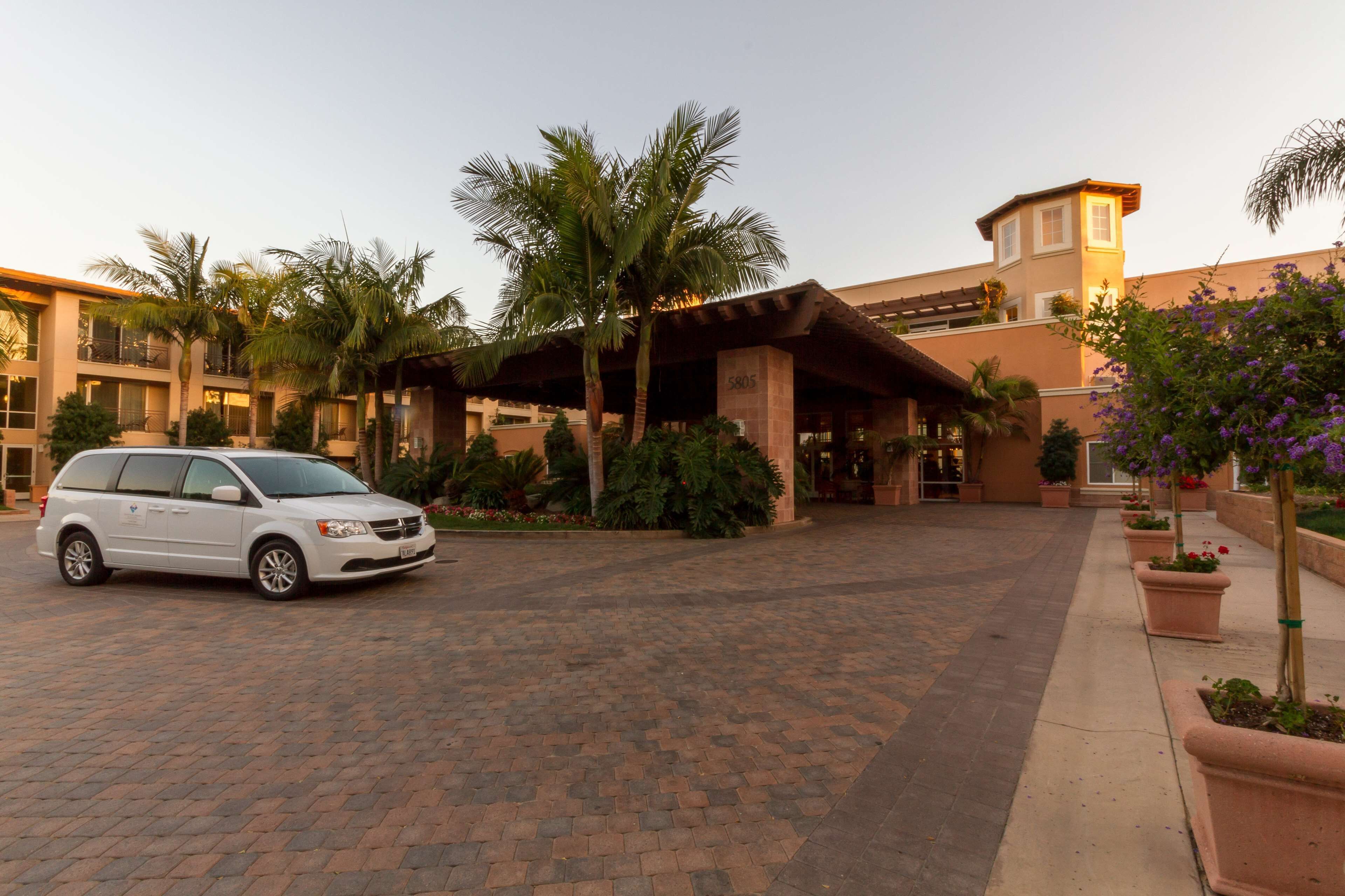 A white minivan parked in front of a hotel with a brick-paved entrance, palm trees, and potted plants.