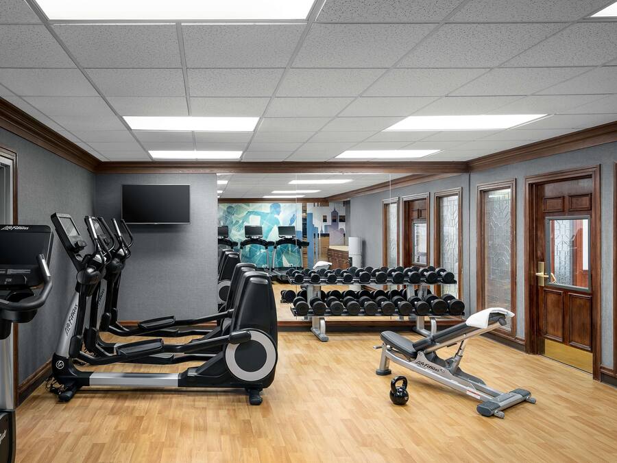 A gym with treadmills, dumbbells, and exercise equipment.