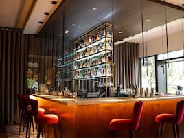 A bar area with a wooden counter, red bar stools, and a glass display case filled with bottles.