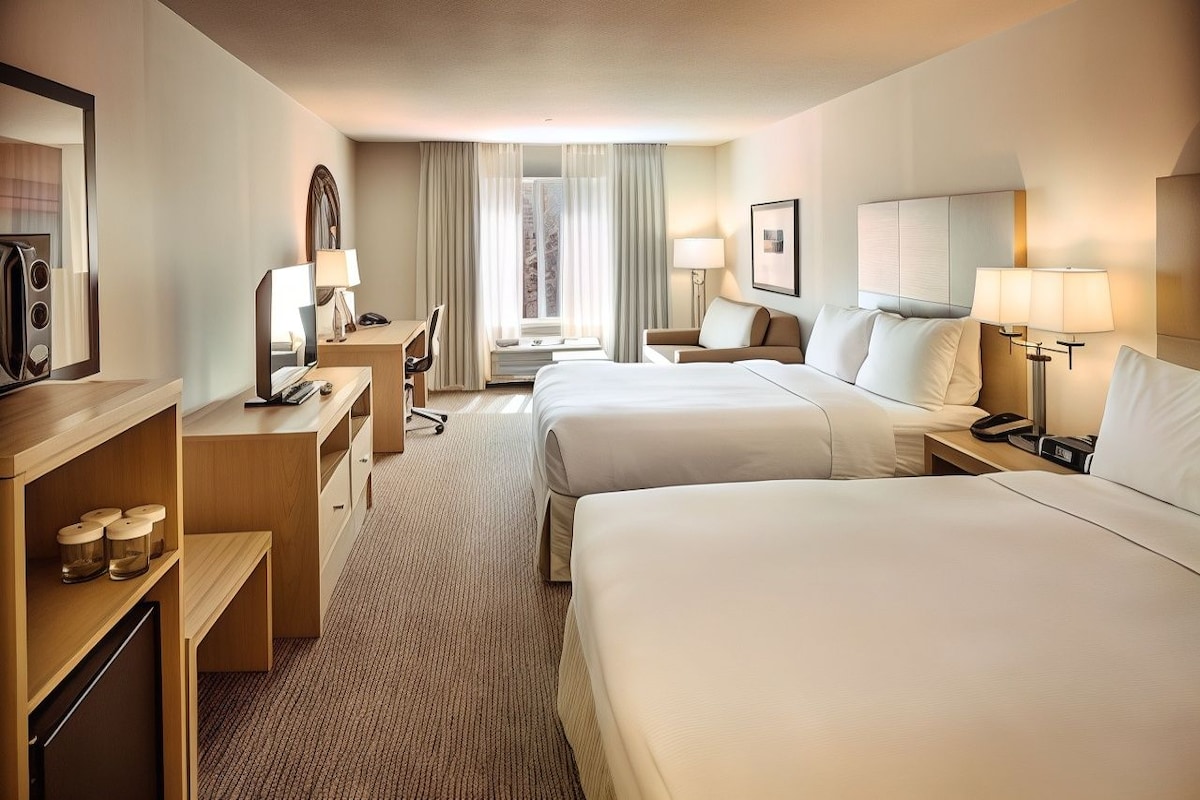 A hotel room with two beds, a desk with a chair, a small table with a lamp, and a large window with curtains.