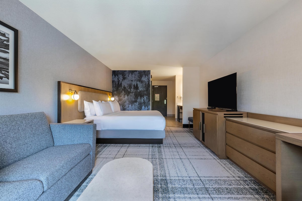 Quarto de hotel com cama, sofá, televisão e escrivaninha.