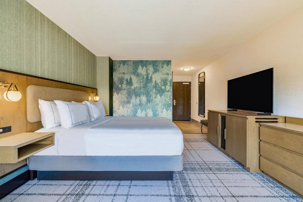 Quarto de hotel com uma cama, mesas de cabeceira, uma televisão, guarda-roupa e parede com padrão de floresta.