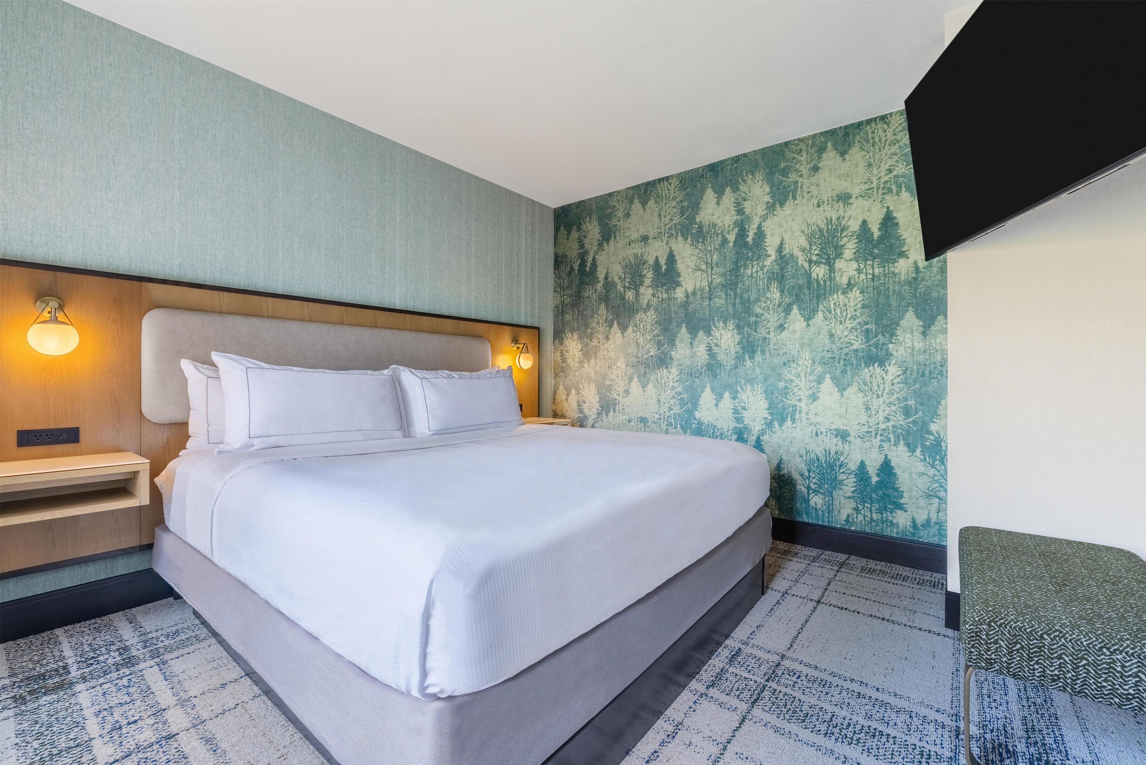 A hotel room with a bed, nightstands, and a wall with a forest pattern.