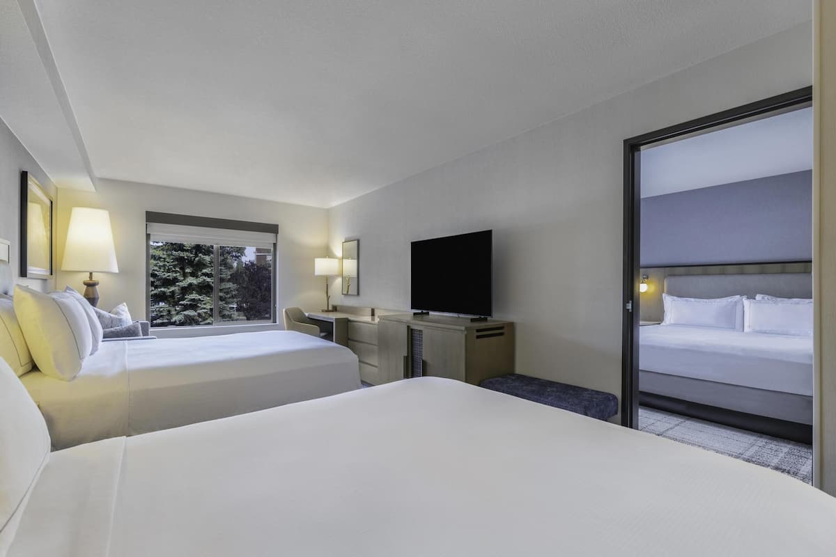 Quarto de hotel com duas camas, uma escrivaninha, televisão e janela com vista para árvores.