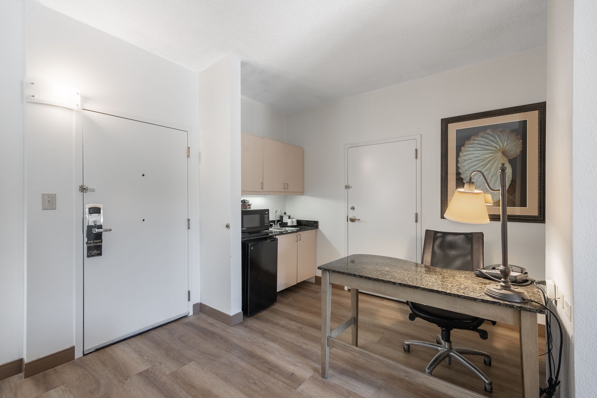 1 king bed hearing accessible studio suite | private kitchenette | fridge, microwave, coffee/tea maker