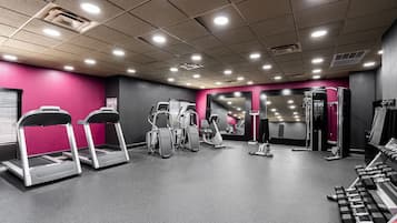 A gym with treadmills, elliptical machines, and weight benches.