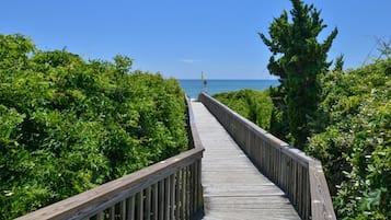 A wooden boardwalk leading to a viewpoint with dense greenery on both sides.