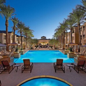 Outdoor pool, open 6 AM to 10:00 PM, pool umbrellas, sun loungers